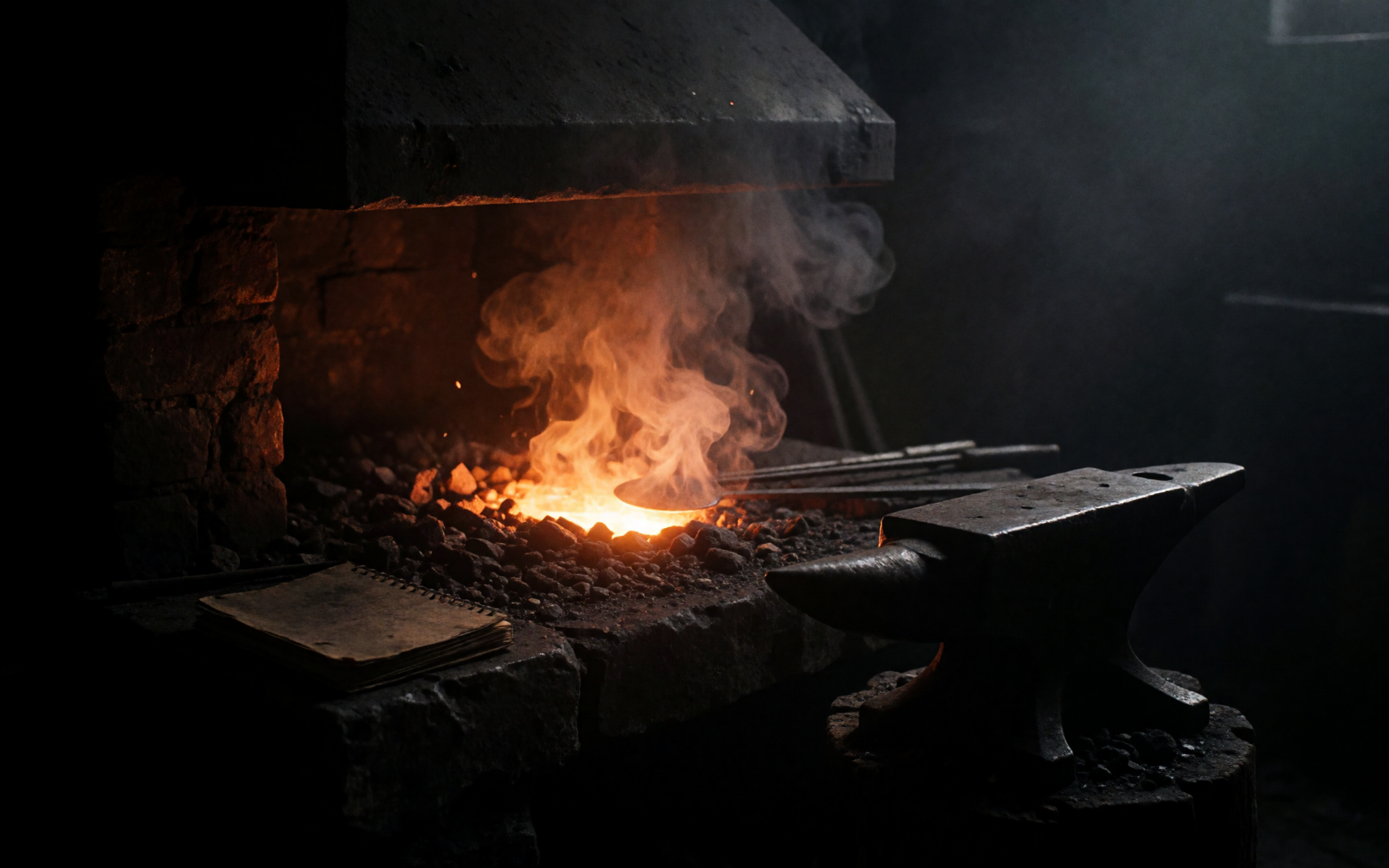 A blacksmith’s anvil beside a worn, soot-marked notebook.