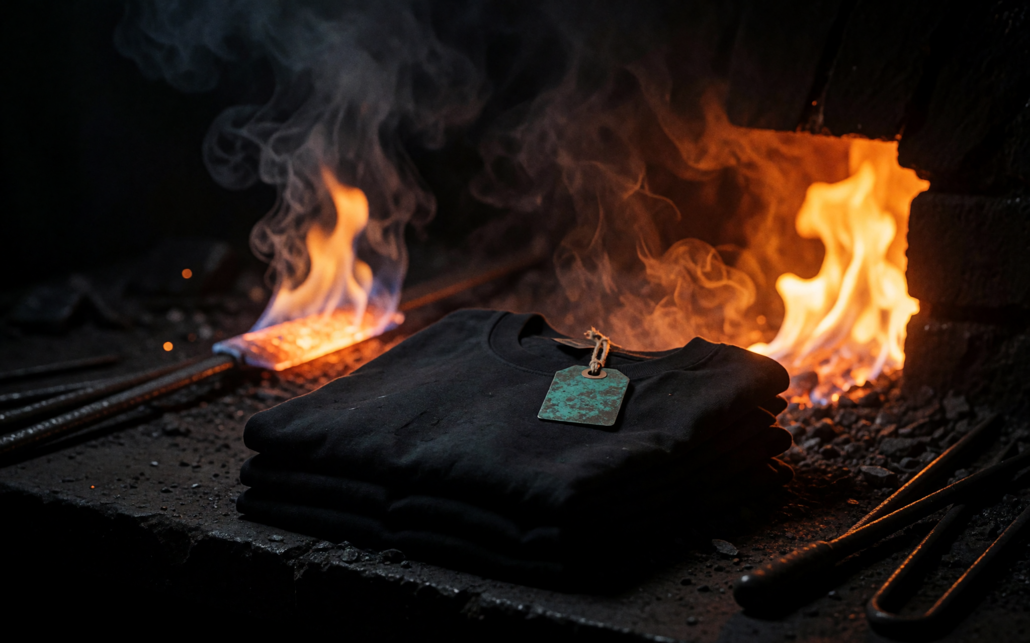 Dark heavy-cotton tees folded with a verdigris-green woven tag.